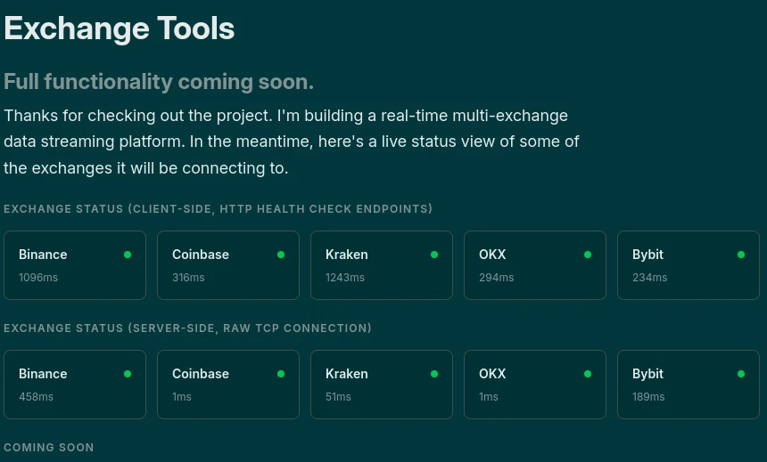 Exchange Tools coming soon page showing live exchange status for Binance, Coinbase, Kraken, OKX and Bybit